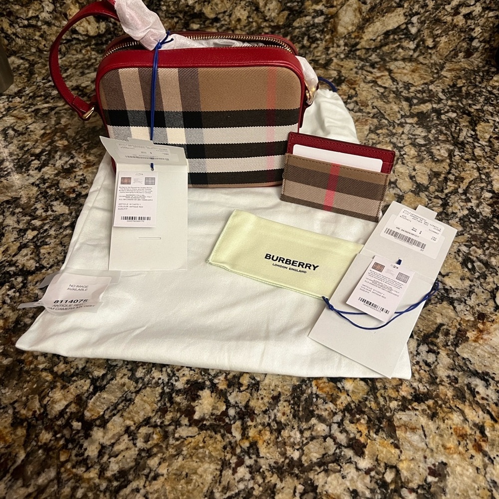 Authentic Burberry Red and Beige Plaid Bag with Card Holder
